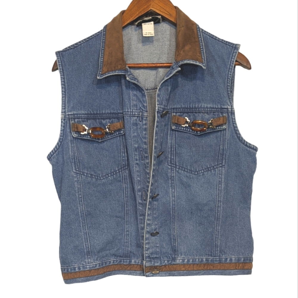 VTG 90s Denim & Suede Western Southwestern Vest Metal Accent Buttons Large FLAWS